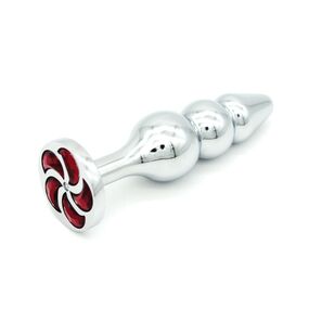 Анальная пробка рельефная на удлинённой ножке с красным кристаллом, M, Цвет: Серебряный/Красный 