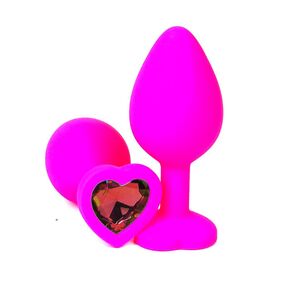 Анальная пробка розовый силикон с красным кристаллом сердце, S, Цвет: Розовый/Красный 