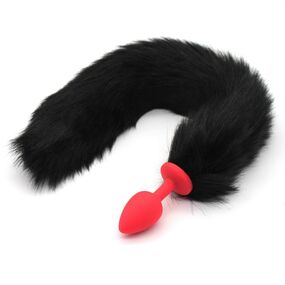 Анальная пробка красный силикон с чёрным хвостом, S 