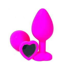 Анальная пробка розовый силикон с чёрным кристаллом сердце, S, Цвет: Розовый/Чёрный 