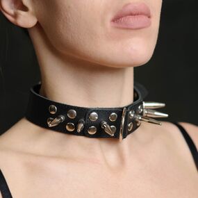 Ошейник с шипами и поводком, кожа black, Цвет: Чёрный 
