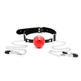 Кляп-шар с зажимами на соски Red, 4,5 см, Цвет: Чёрный/Красный 