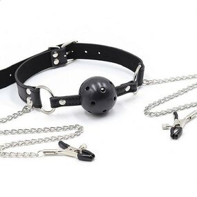 Кляп-шар с зажимами на соски, 4,5 см, Цвет: Чёрный 