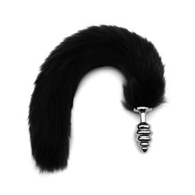 Анальная рельефная пробка с чёрным хвостом, S, Цвет: Чёрный 