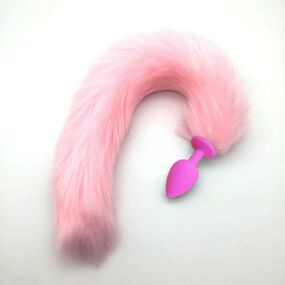 Анальная пробка розовый силикон с розовым хвостом, L 