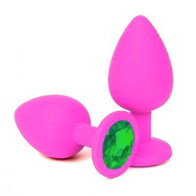 Анальная пробка розовый силикон с зелёным кристаллом, L, Цвет: Розовый/Зелёный 